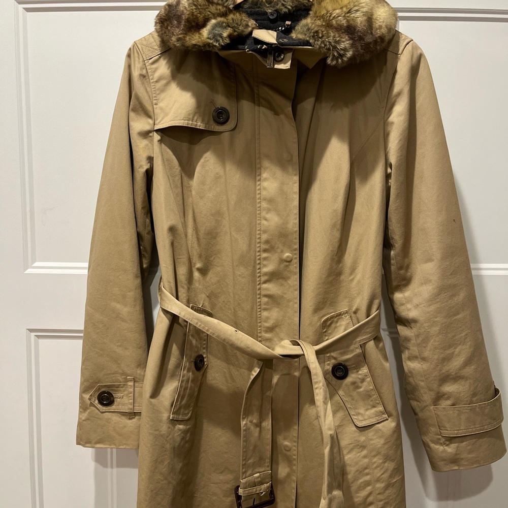 Vintage London Fog Tan Trench Coat with Faux Fur Collar